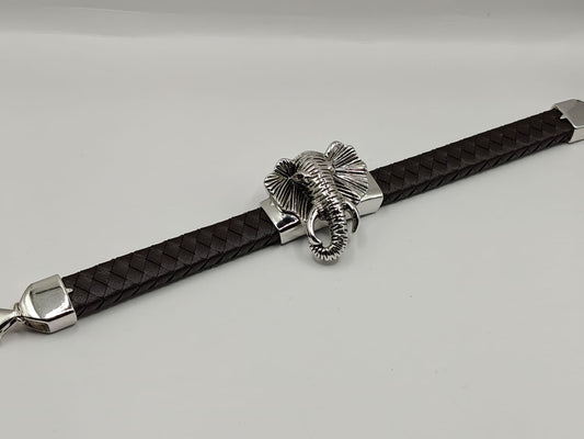 Men’s 92.5 Sterling Silver Elephant Head Bracelet – Brown Braided Leather