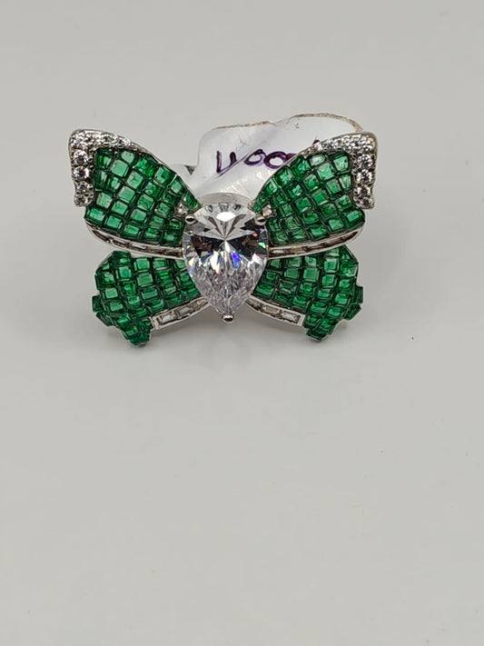 92.5 Sterling Silver Green Butterfly Ring for Women