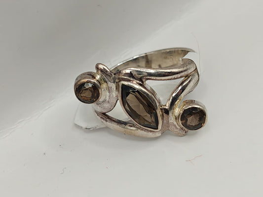 Sterling Silver Smoky Quartz Designer Ring with Triple Gemstone Setting