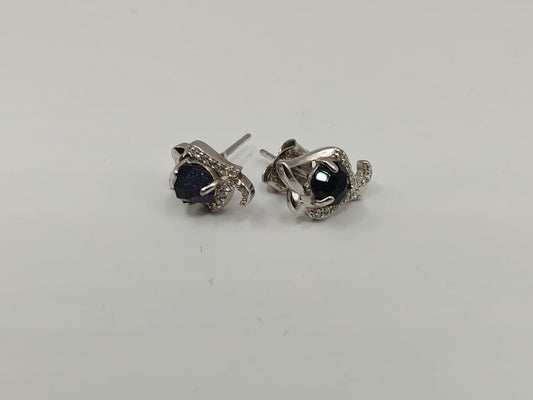 Sterling Silver Blue Stone Stud Earrings with CZ Accents