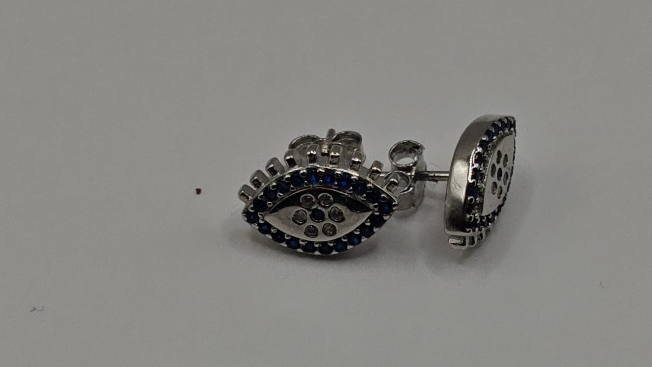 Sterling Silver Evil Eye Stud Earrings with Blue & White Stones