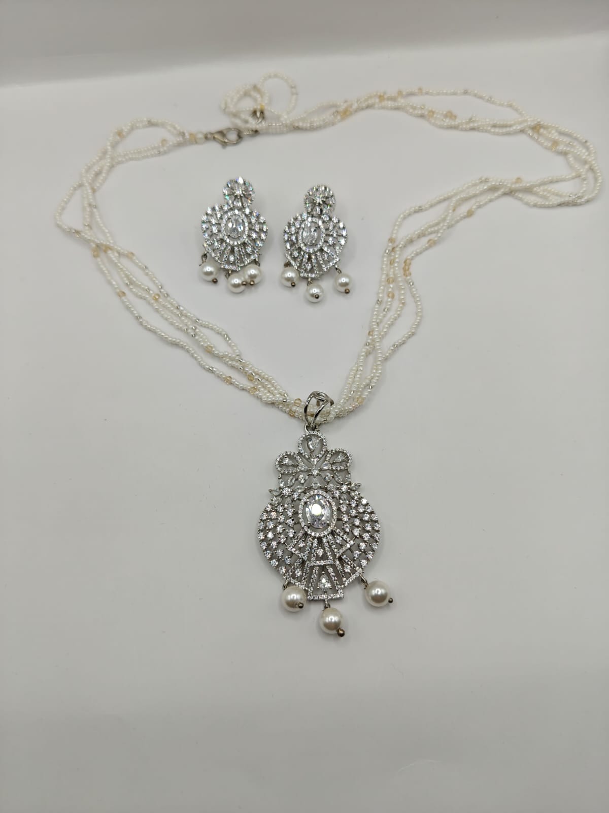Pearl Beaded Necklace Set with CZ Pendant & Earrings