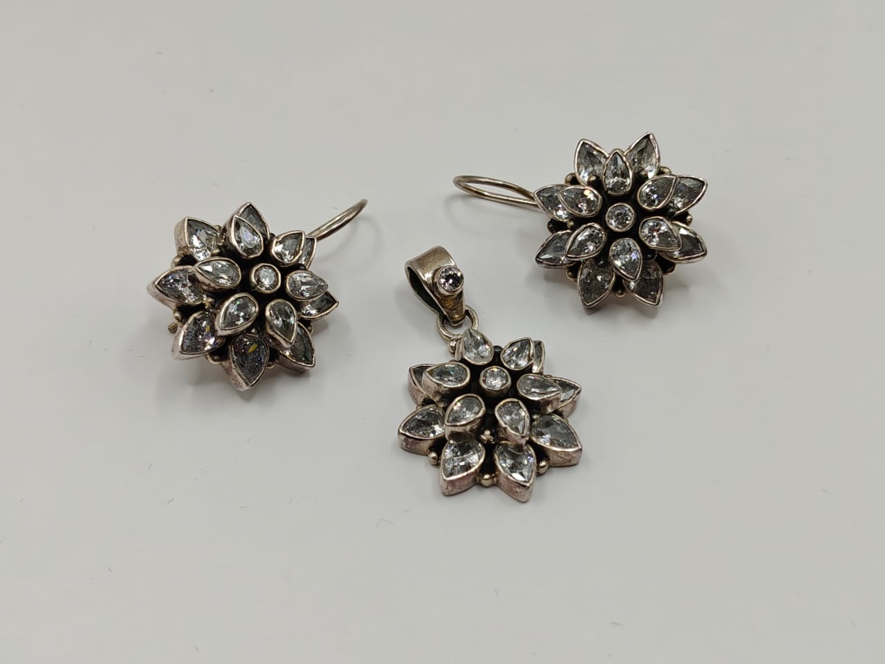 Floral CZ Pendant & Earrings Set in Silver Finish