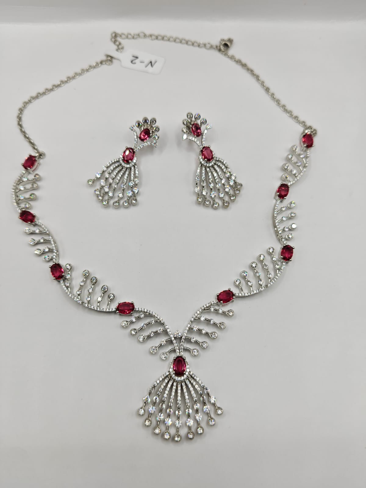 Ruby Red Stone Necklace & Earrings Set in Silver Finish