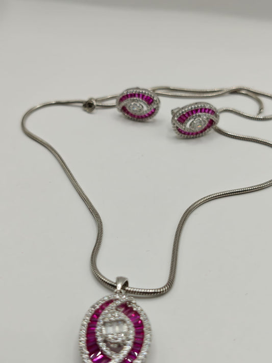 Pink & White Stone Pendant Set with Earrings in Silver Finish