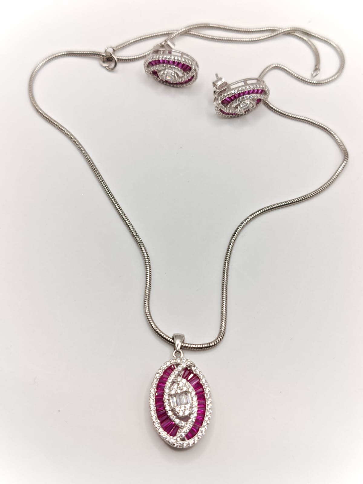 Pink & White Stone Pendant Set with Earrings in Silver Finish