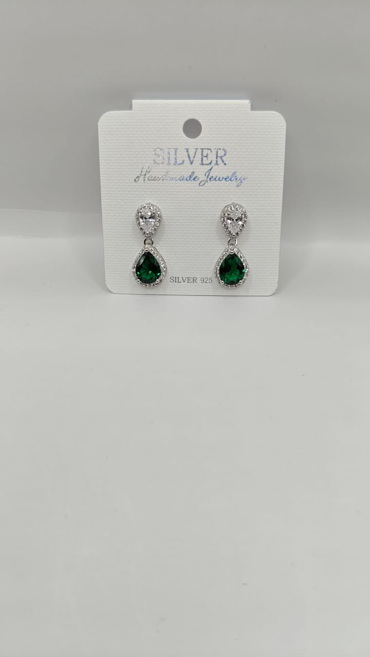 92.5 Sterling Silver Drop Earrings with Green & White Stones