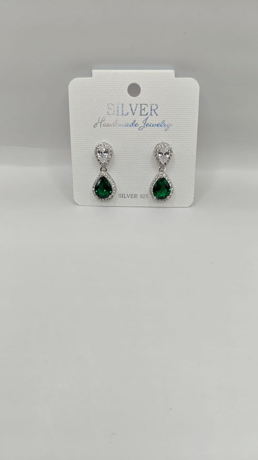 92.5 Sterling Silver Drop Earrings with Green & White Stones