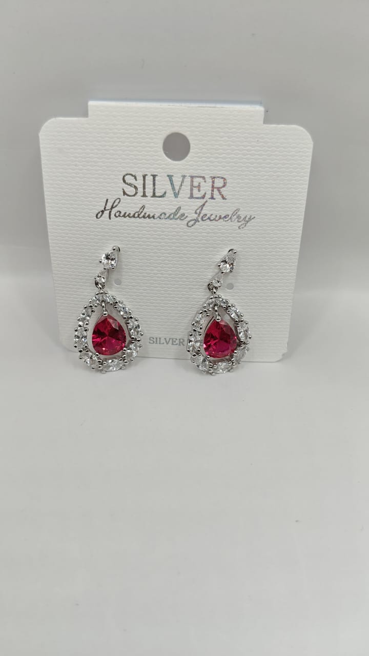 92.5 Sterling Silver Drop Earrings with Pink & White Stones