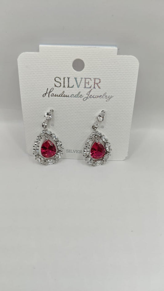 92.5 Sterling Silver Drop Earrings with Pink & White Stones