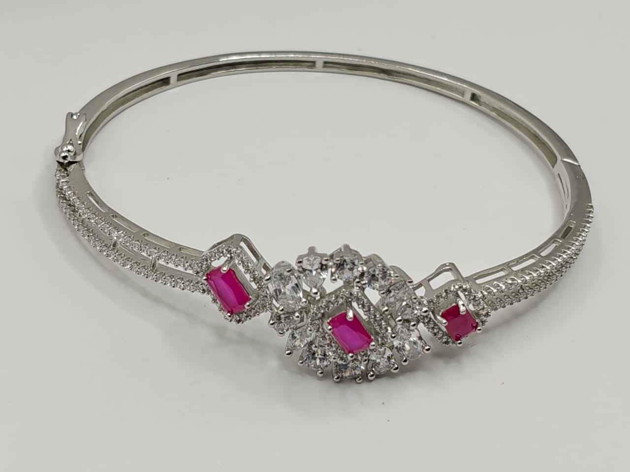 92.5 Sterling Silver Bangle with Pink & White Stones