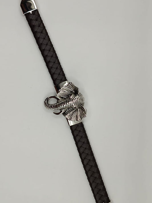 Men’s 92.5 Sterling Silver Elephant Head Bracelet – Brown Braided Leather