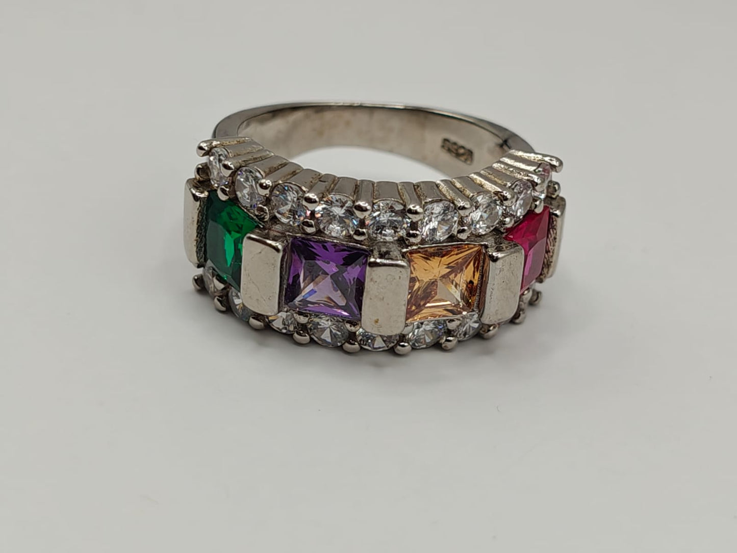 92.5 Sterling Silver Multi-Color Gemstone Ring for Women