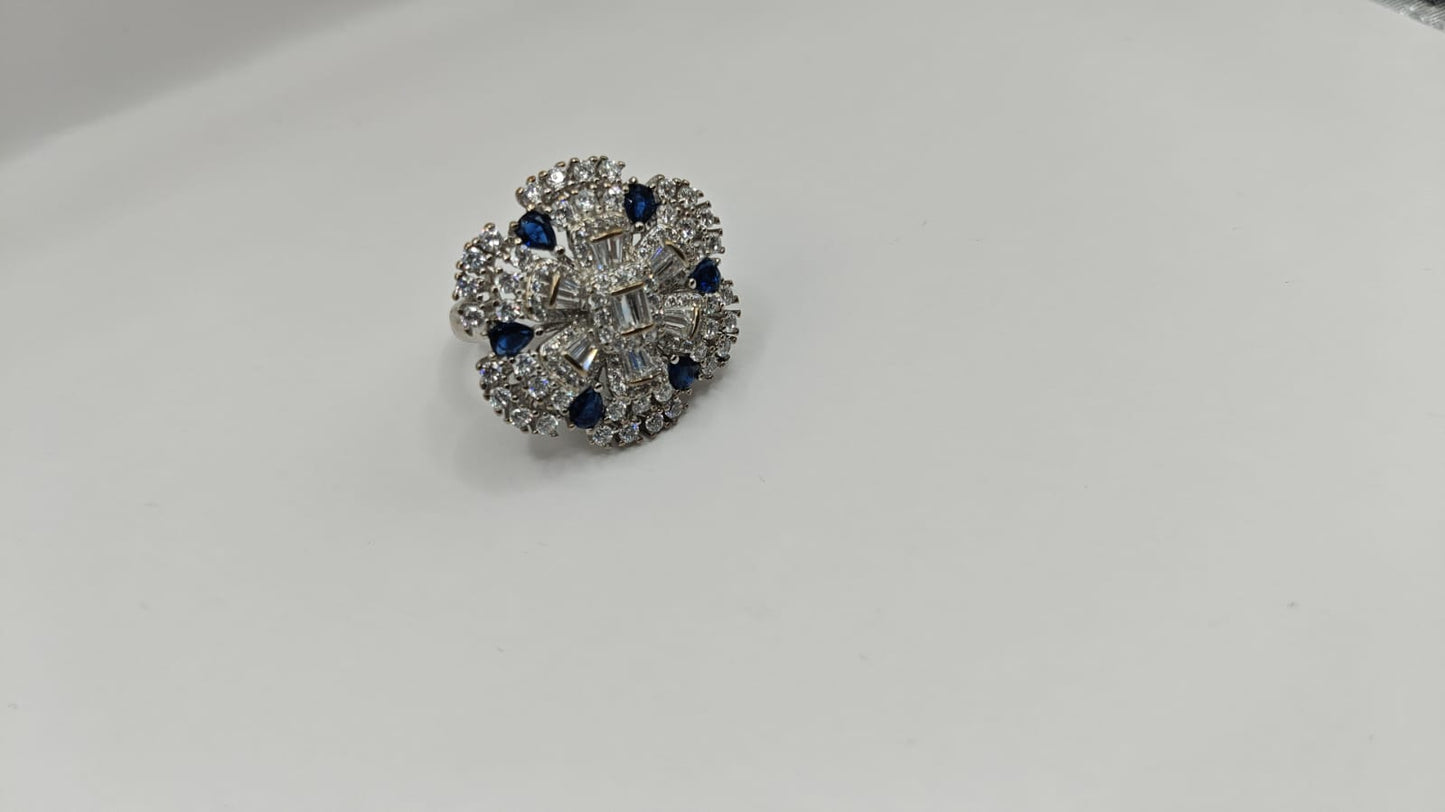 92.5 Sterling Silver Blue & White CZ Cocktail Ring