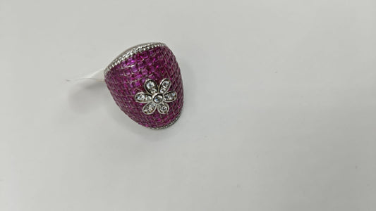 Sterling Silver Pink Stone Cocktail Ring with Floral CZ Accent
