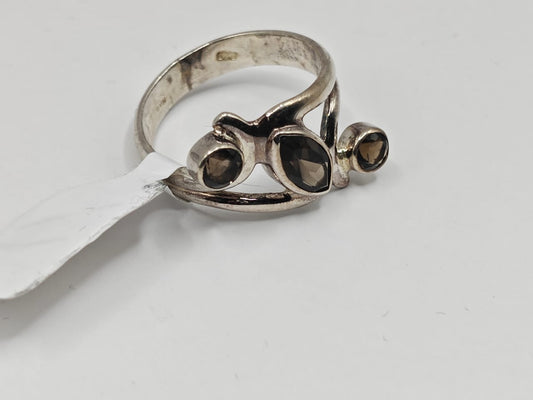 Sterling Silver Smoky Quartz Designer Ring with Triple Gemstone Setting