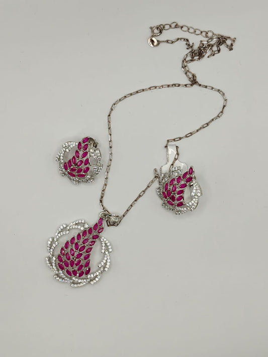 Silver Pendant Set with Red Stones & White CZ (Necklace + Earrings)