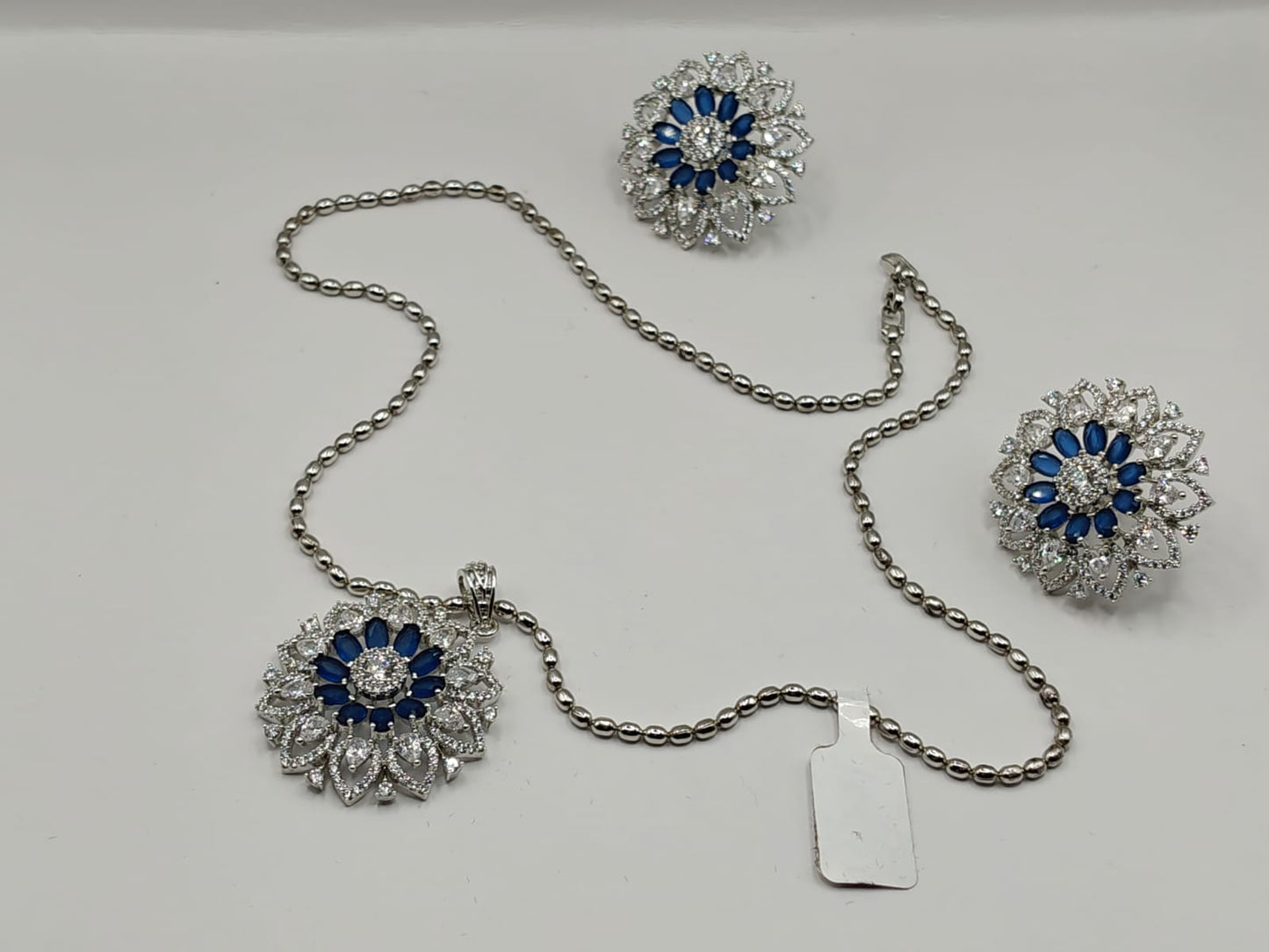 Silver Floral Pendant Set with Blue Stones & CZ (Necklace + Earrings)