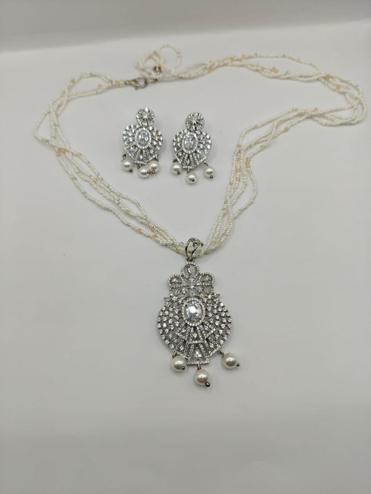 Pearl Beaded Necklace Set with CZ Pendant & Earrings