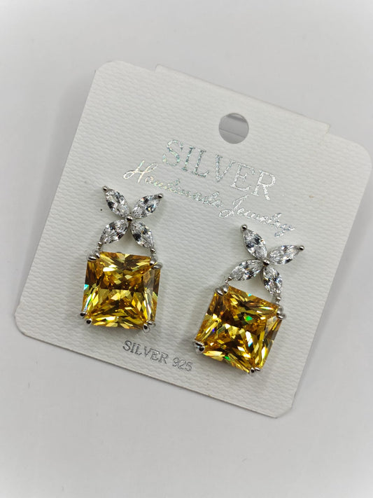 925 Silver Earrings with Yellow Princess-Cut Stone & CZ Accents