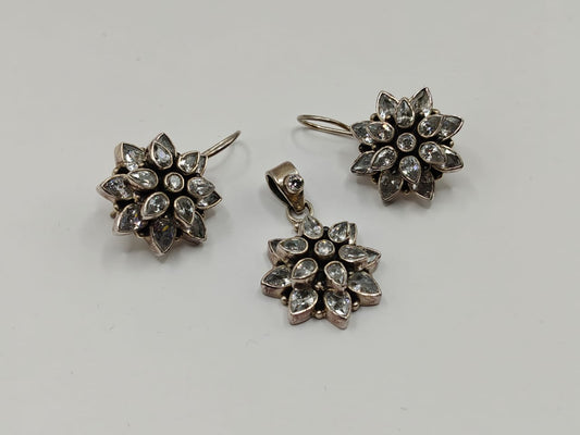 Floral CZ Pendant & Earrings Set in Silver Finish