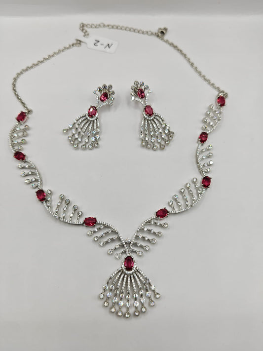 Ruby Red Stone Necklace & Earrings Set in Silver Finish