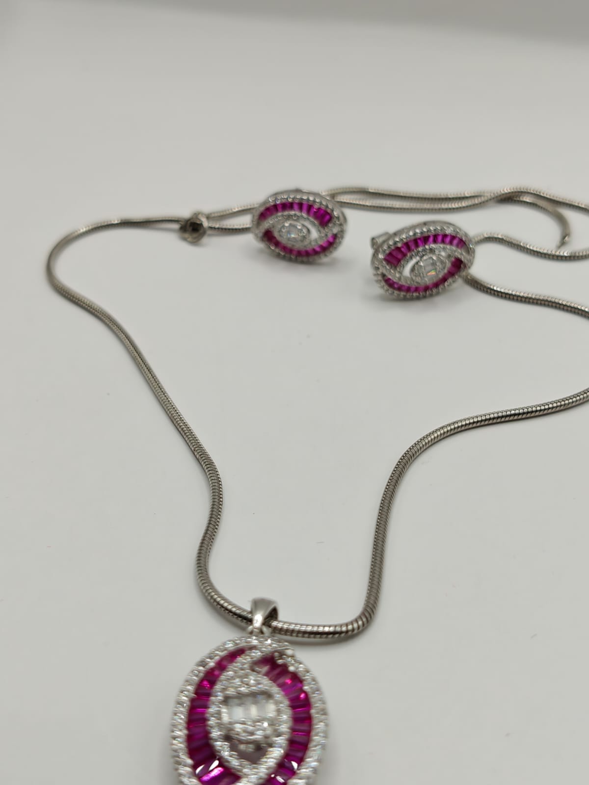Pink & White Stone Pendant Set with Earrings in Silver Finish