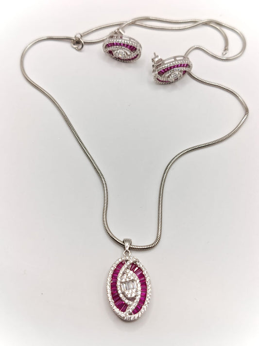 Pink & White Stone Pendant Set with Earrings in Silver Finish