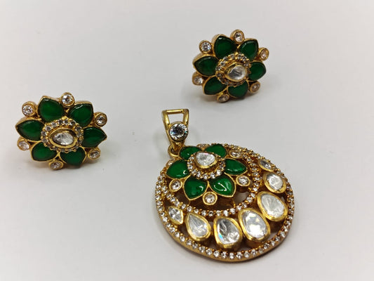 Green Kundan Pendant Set with Gold Plating & Matching Earrings