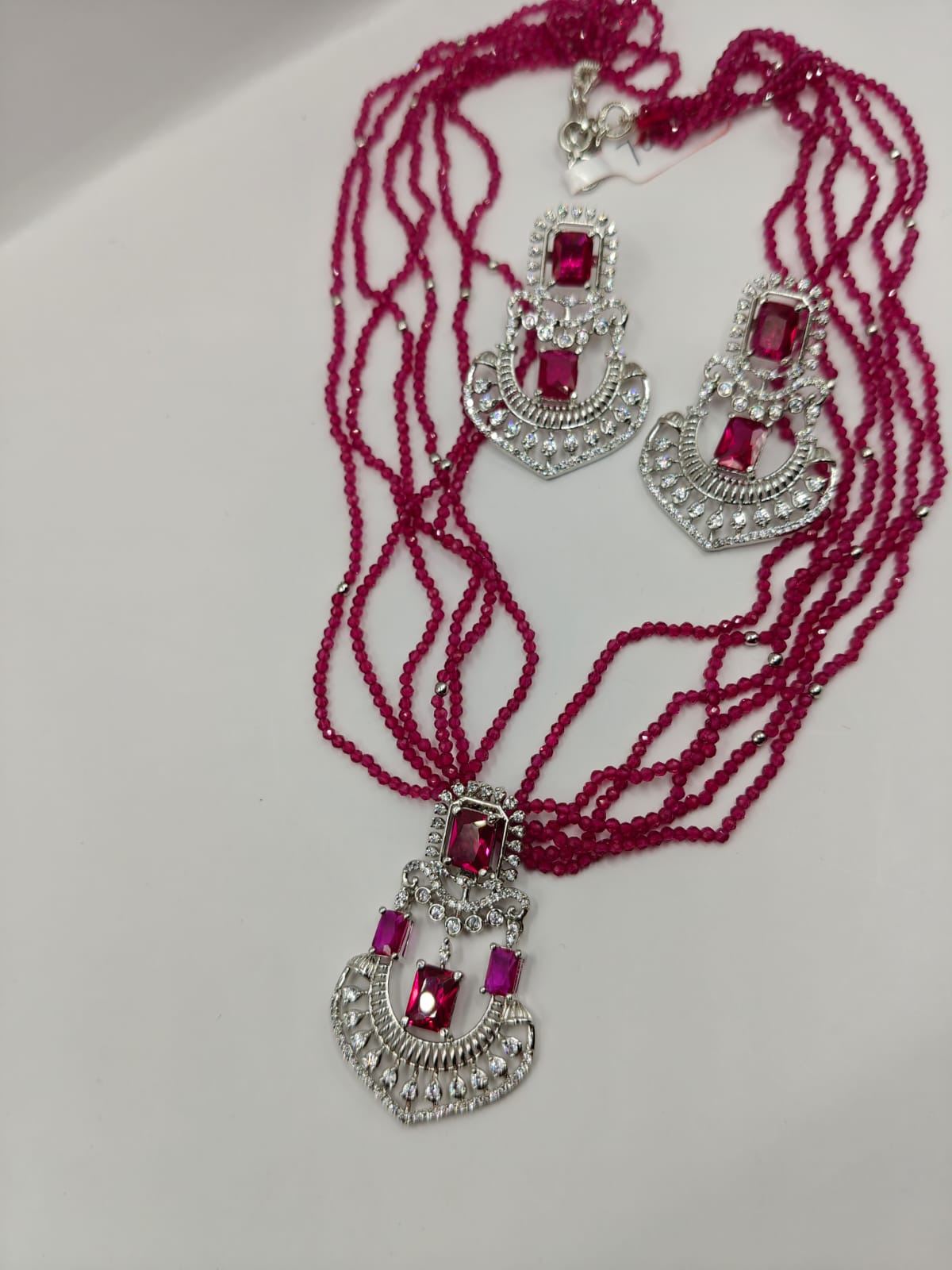 Ruby Beaded Multi-Strand Necklace Set with Earrings