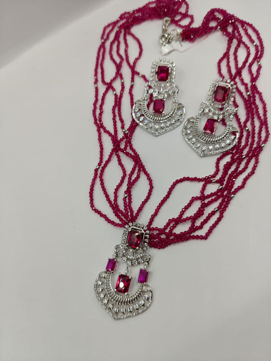Ruby Beaded Multi-Strand Necklace Set with Earrings