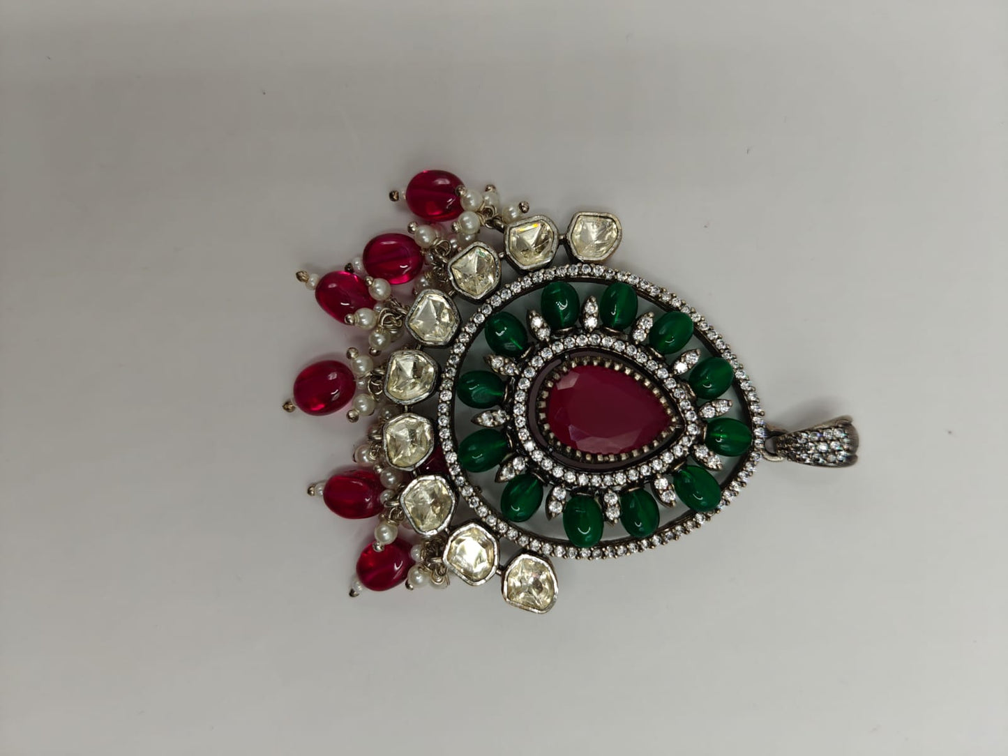 Red & Green Kundan Stone Pendant with CZ Accents