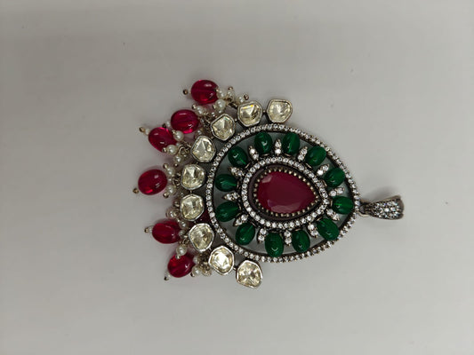 Red & Green Kundan Stone Pendant with CZ Accents