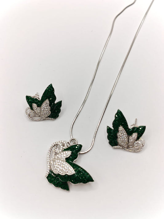 Green Leaf & Butterfly Necklace Set with Earrings