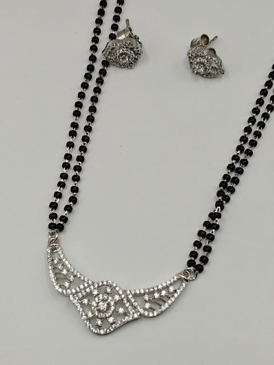 Elegant Diamond-Studded Silver Mangalsutra with Earrings