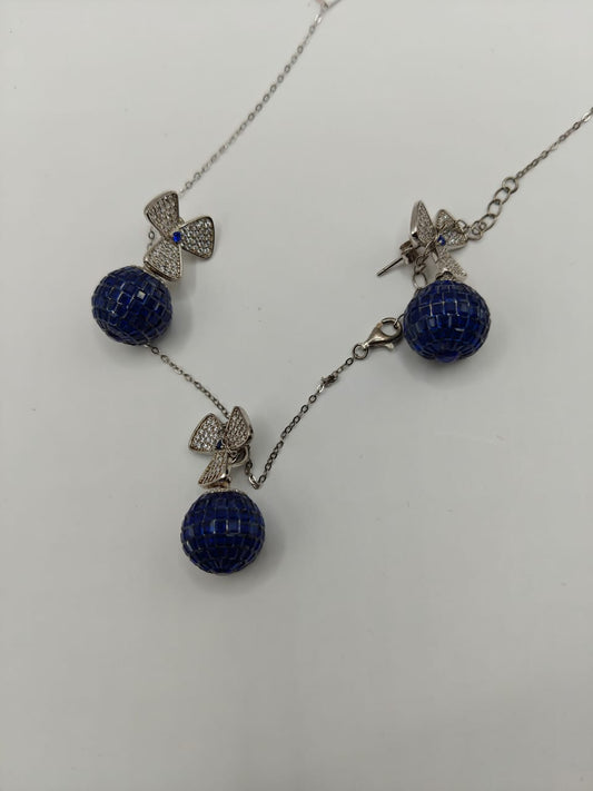 Blue Stone Ball Pendant Set with Bow Design – Sterling Silver Chain & Earrings