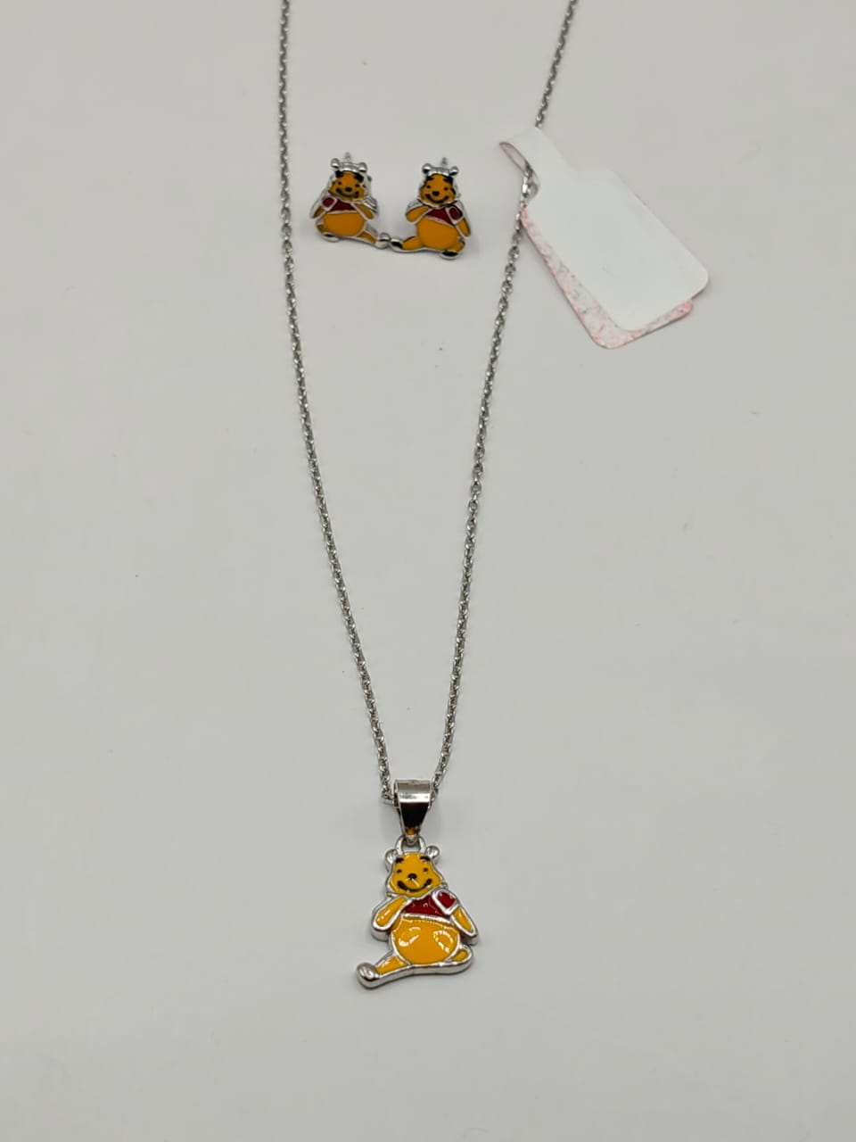 Cartoon Bear Pendant & Earrings Set for Kids – Enamel Silver Chain Jewelry