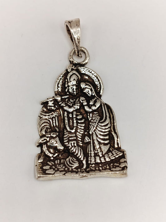 Antique Silver Radha Krishna Pendant – Spiritual Devotional Jewelry