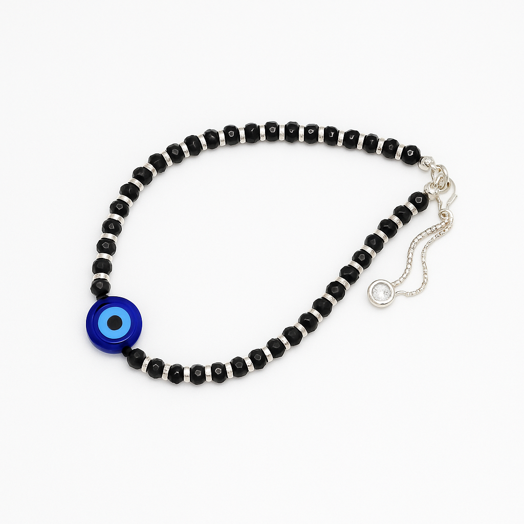 92.5 Sterling Silver Black Beaded Evil Eye Silver Bracelet