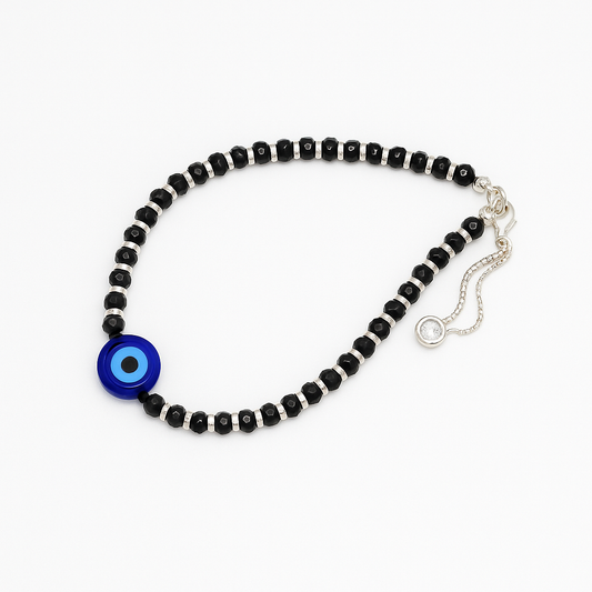 92.5 Sterling Silver Black Beaded Evil Eye Silver Bracelet