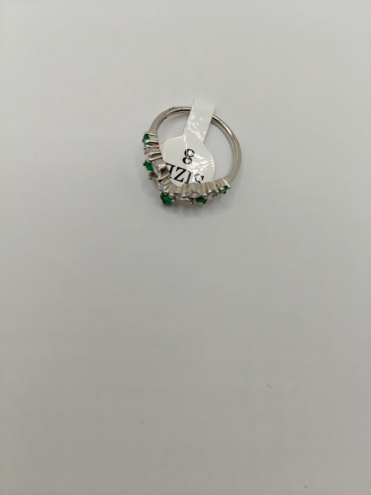 Elegant Silver Ring with Emerald Green and Clear Stones